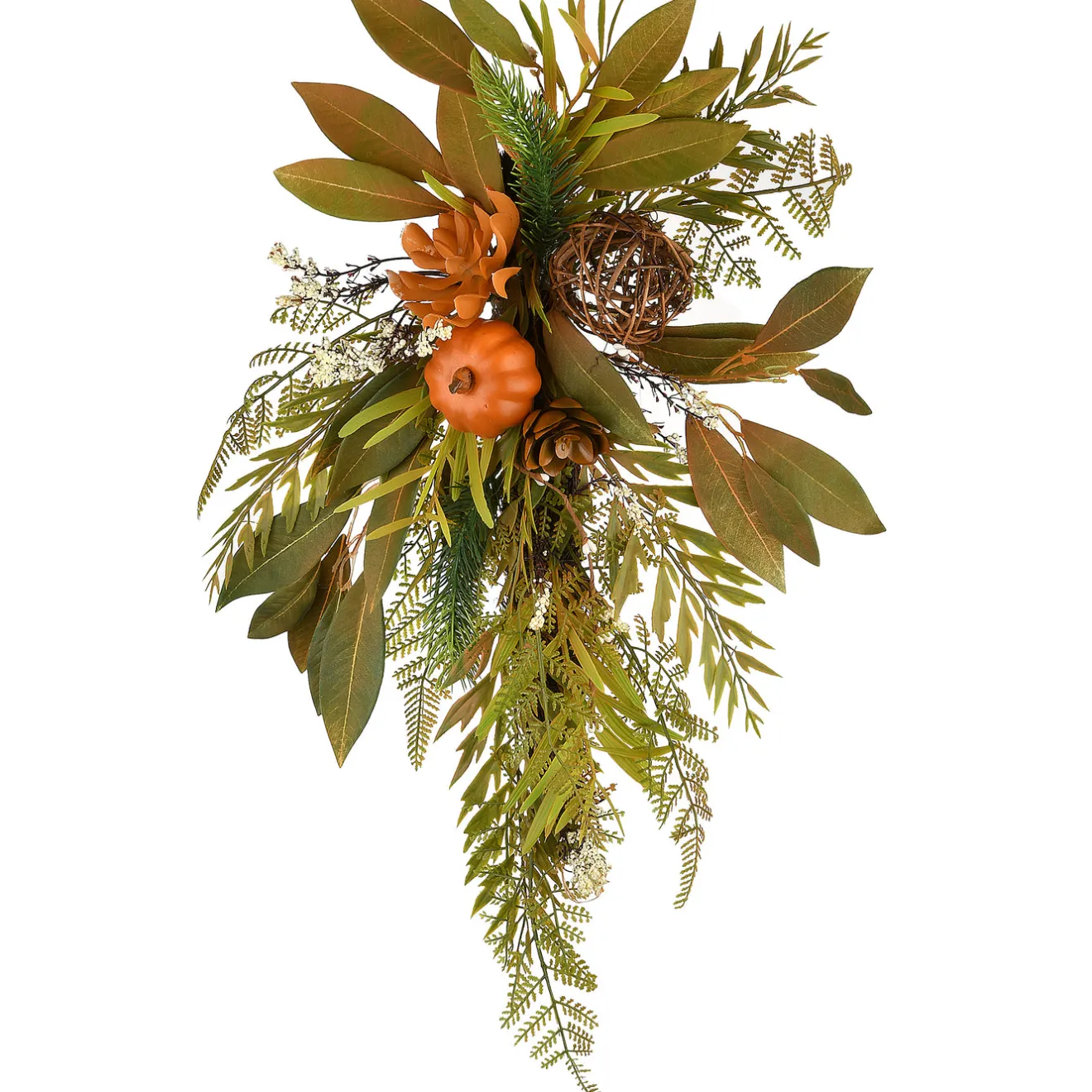 26 in. Wall Flower Swag Fall Decoration with Fern Fronds, Leaves, Pumpkins, Twig Cones Fall Decorations