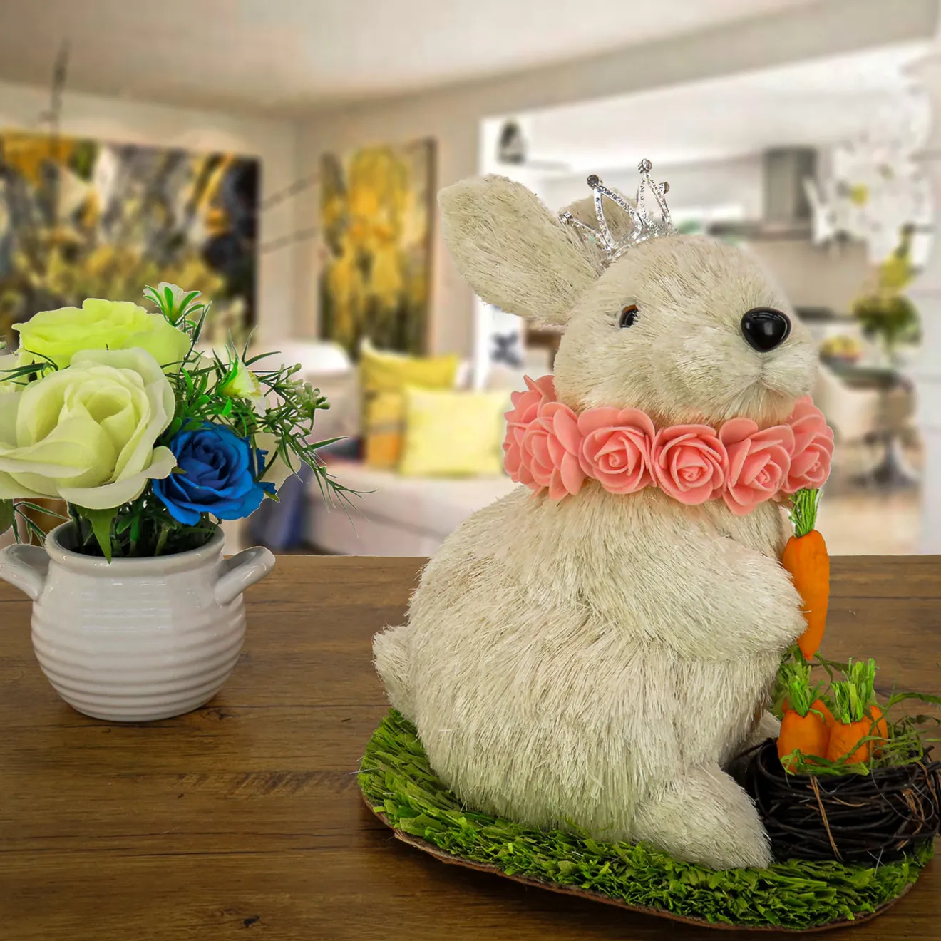 Best 12 in. White Easter Bunny with Crown Holding Carrot Table Decoration Table Decorations