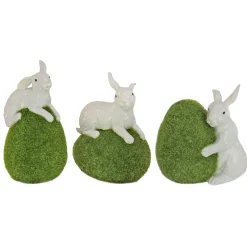 Best 7 in. White Easter Rabbit Figures on Green Moss Covered Eggs, Set of 3 Table Decorations