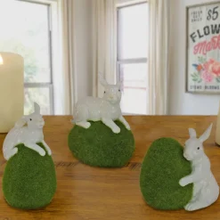 Best 7 in. White Easter Rabbit Figures on Green Moss Covered Eggs, Set of 3 Table Decorations