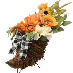 20 in. Wicker Cornucopia Basket Decoration with Pumpkins, Sunflower Blooms, Assorted Leaves Fall Decorations
