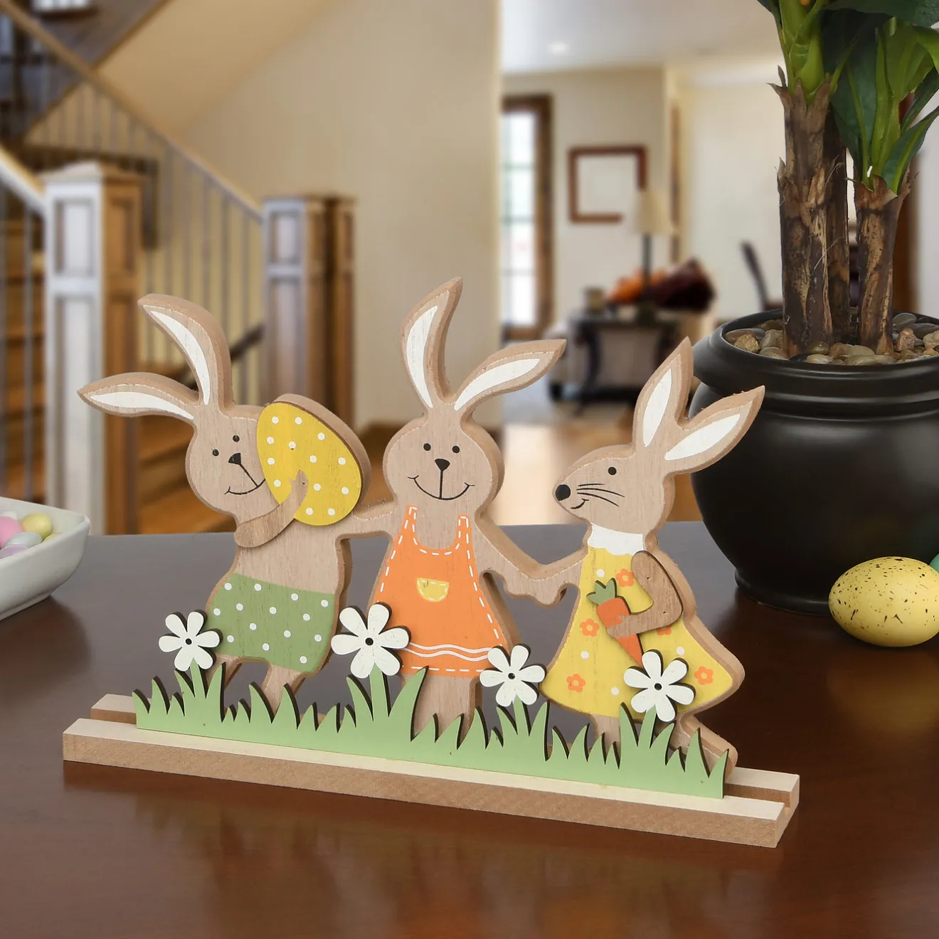9 in. Wooden Rabbit Trio Table Decoration Table Decorations