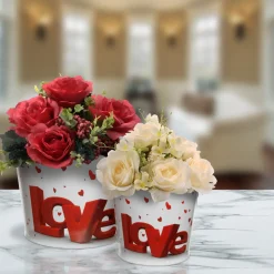 Online 2 Piece Valentine's 'LOVE' Tin Pots Decorated with Red Hearts Decorations