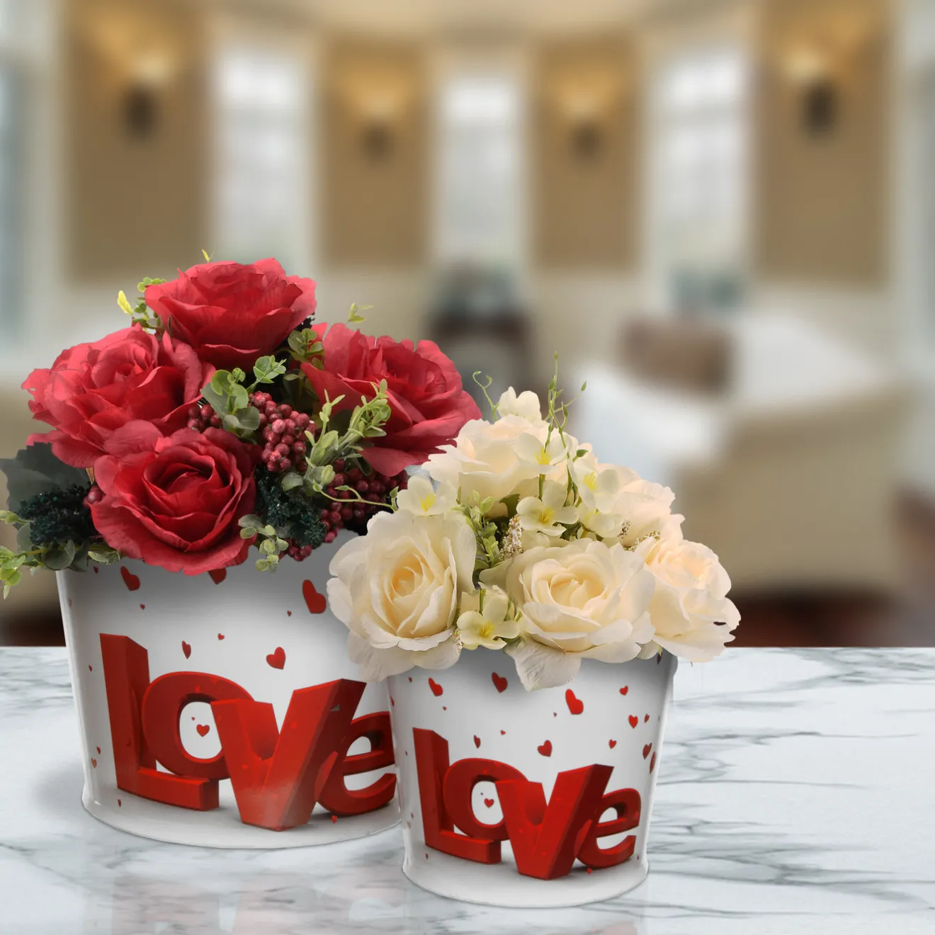 Online 2 Piece Valentine's 'LOVE' Tin Pots Decorated with Red Hearts Decorations
