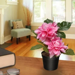 Clearance Artificial Potted Flowers, Pink Dahlias, Includes Black Pot Base, Spring Collection, 7 Inches Potted Plants