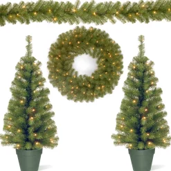 Hot Evergreen Assortment with 2 Entrance Trees, 1 Wreath, 1 Garland Assortment Bundles