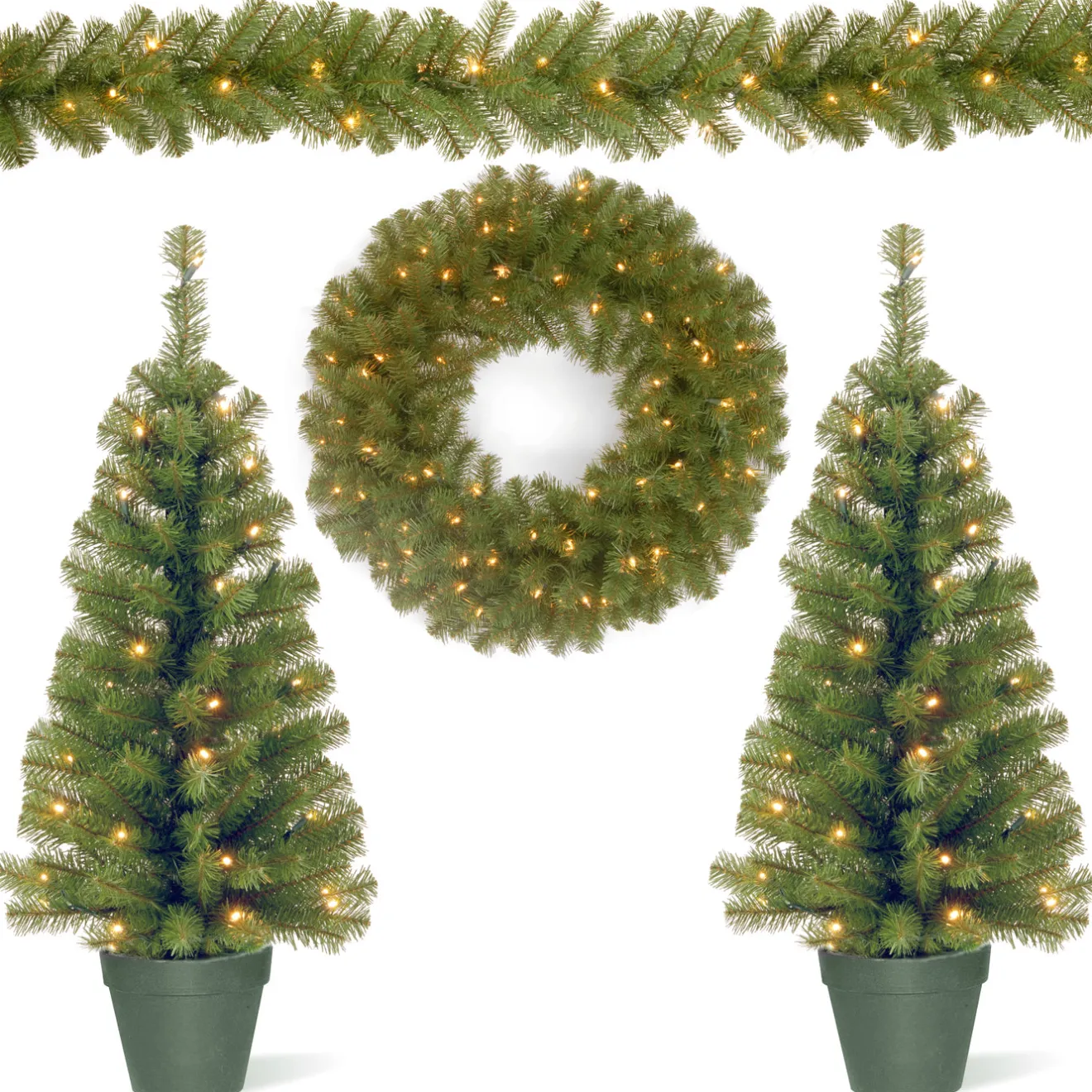 Hot Evergreen Assortment with 2 Entrance Trees, 1 Wreath, 1 Garland Assortment Bundles