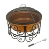 Sale 30in. Copper Finish Steel Outdoor Fire Pit with Ornate Black Stand, Screen Cover, Fire Poker Firepits