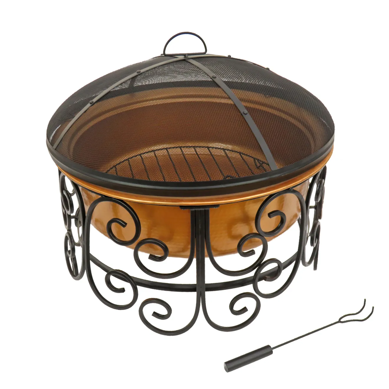 Sale 30in. Copper Finish Steel Outdoor Fire Pit with Ornate Black Stand, Screen Cover, Fire Poker Firepits