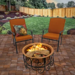 Sale 30in. Copper Finish Steel Outdoor Fire Pit with Ornate Black Stand, Screen Cover, Fire Poker Firepits