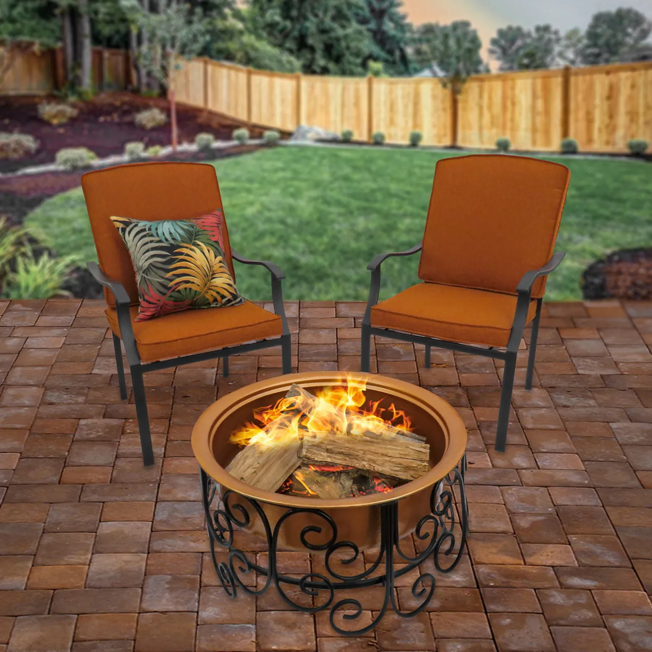 Sale 30in. Copper Finish Steel Outdoor Fire Pit with Ornate Black Stand, Screen Cover, Fire Poker Firepits