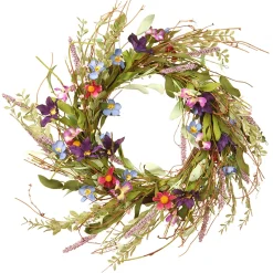New 20in. Spring Wreath with Blue, Red and Pink Mixed Flower Blooms, Flowing Green Stems, Seed Pods Wreaths