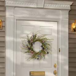 New 20in. Spring Wreath with Blue, Red and Pink Mixed Flower Blooms, Flowing Green Stems, Seed Pods Wreaths