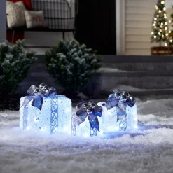 Pre-Lit Decorated White Gift Box Assortment Yard Decorations