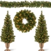 New Pre-Lit Evergreen Assortment Set of 2 Entrance Trees, 1 Wreath, 1 Garland Assortment Bundles
