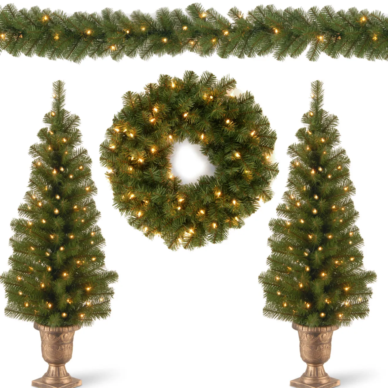 New Pre-Lit Evergreen Assortment Set of 2 Entrance Trees, 1 Wreath, 1 Garland Assortment Bundles