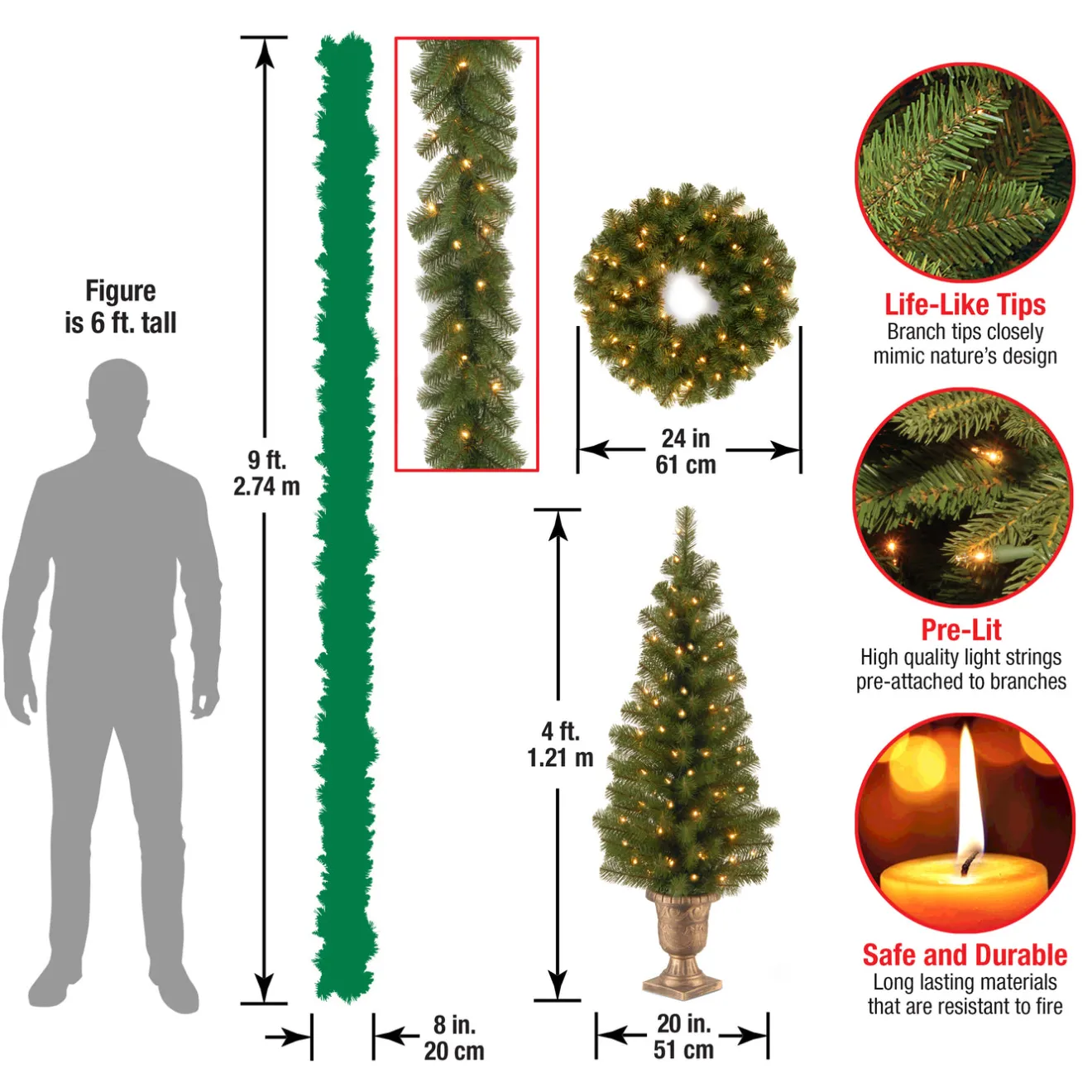 New Pre-Lit Evergreen Assortment Set of 2 Entrance Trees, 1 Wreath, 1 Garland Assortment Bundles