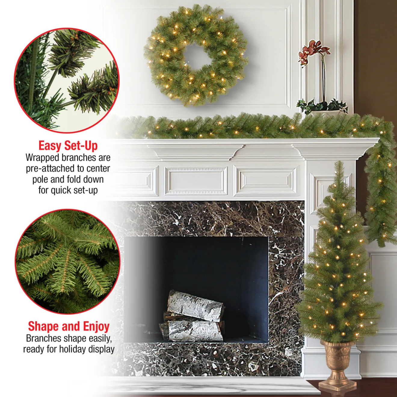 New Pre-Lit Evergreen Assortment Set of 2 Entrance Trees, 1 Wreath, 1 Garland Assortment Bundles