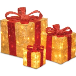 Sale Pre-Lit Gold Gift Boxes, Set of Three, 105 White Lights Decorative Accents