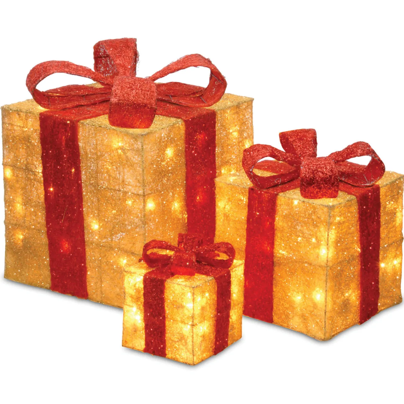Sale Pre-Lit Gold Gift Boxes, Set of Three, 105 White Lights Decorative Accents
