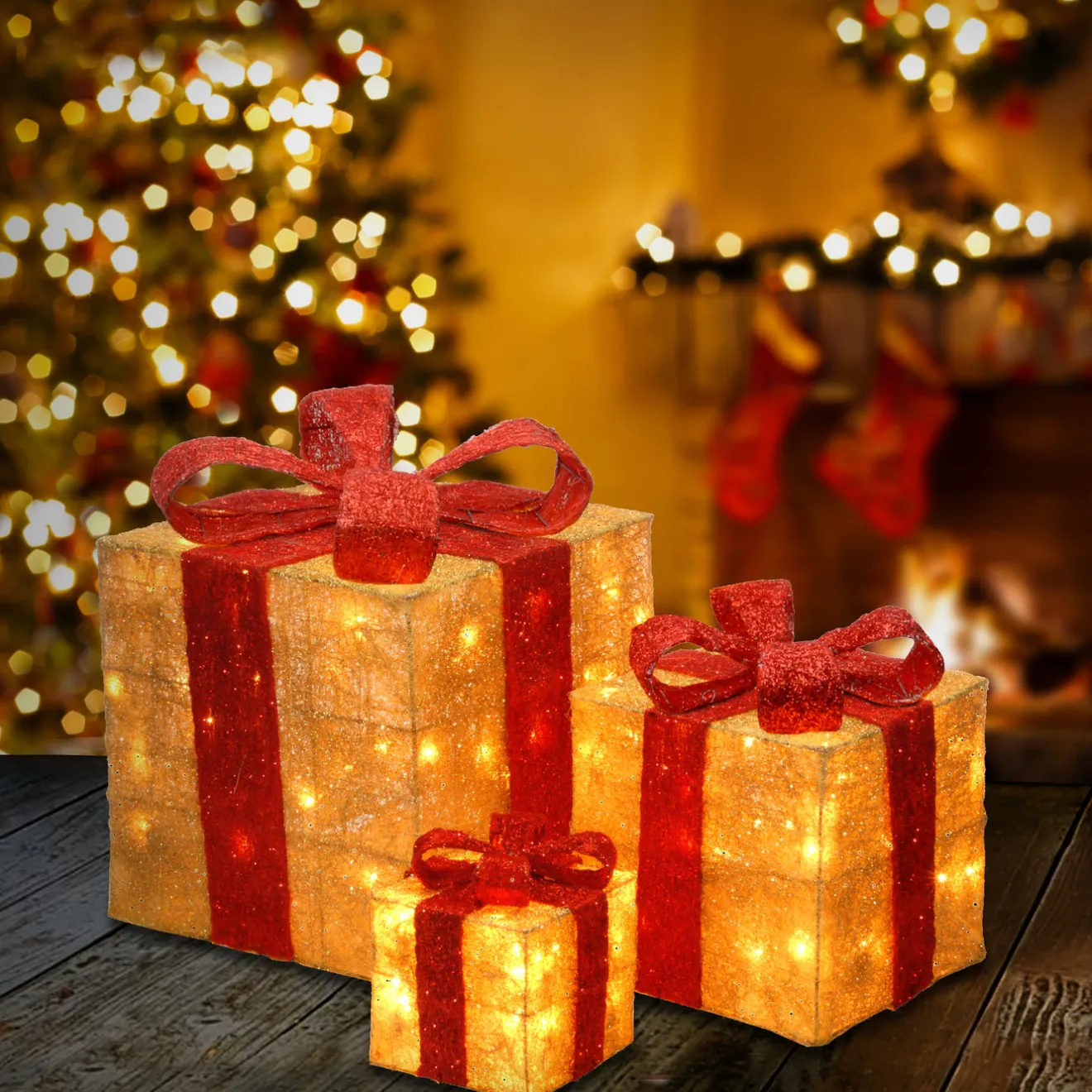Sale Pre-Lit Gold Gift Boxes, Set of Three, 105 White Lights Decorative Accents