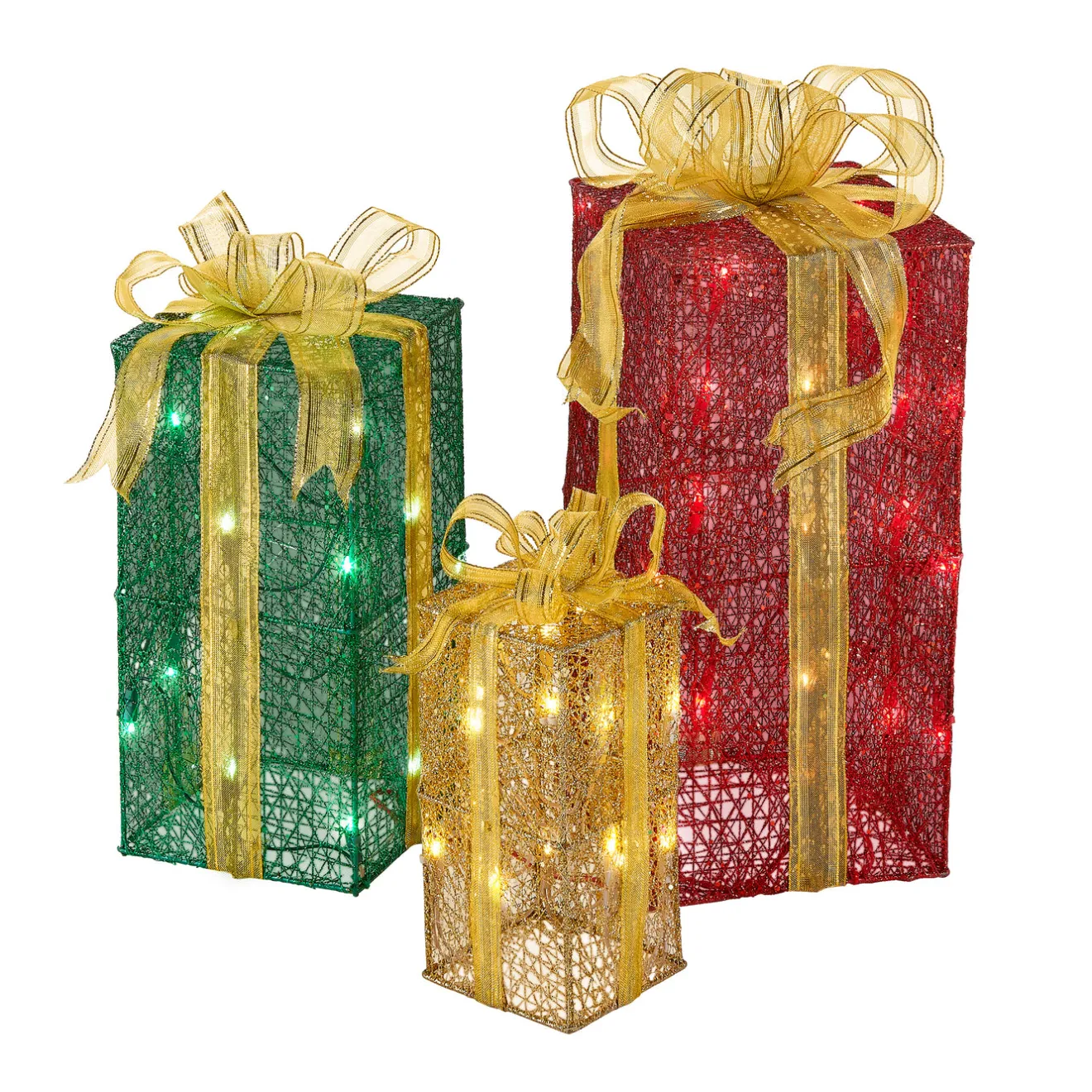 Hot Pre-Lit Multicolor Gift Boxes, Set of Three, White Lights Yard Decorations