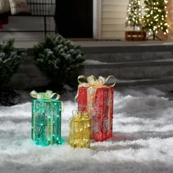 Hot Pre-Lit Multicolor Gift Boxes, Set of Three, White Lights Yard Decorations