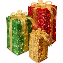 Hot Pre-Lit Multicolor Gift Boxes, Set of Three, White Lights Yard Decorations