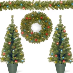 Sale Pre-Lit Promotional Green Assortment Set of 2 Entrance Trees, 1 Wreath, 1 Garland Assortment Bundles
