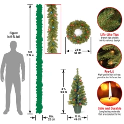 Sale Pre-Lit Promotional Green Assortment Set of 2 Entrance Trees, 1 Wreath, 1 Garland Assortment Bundles