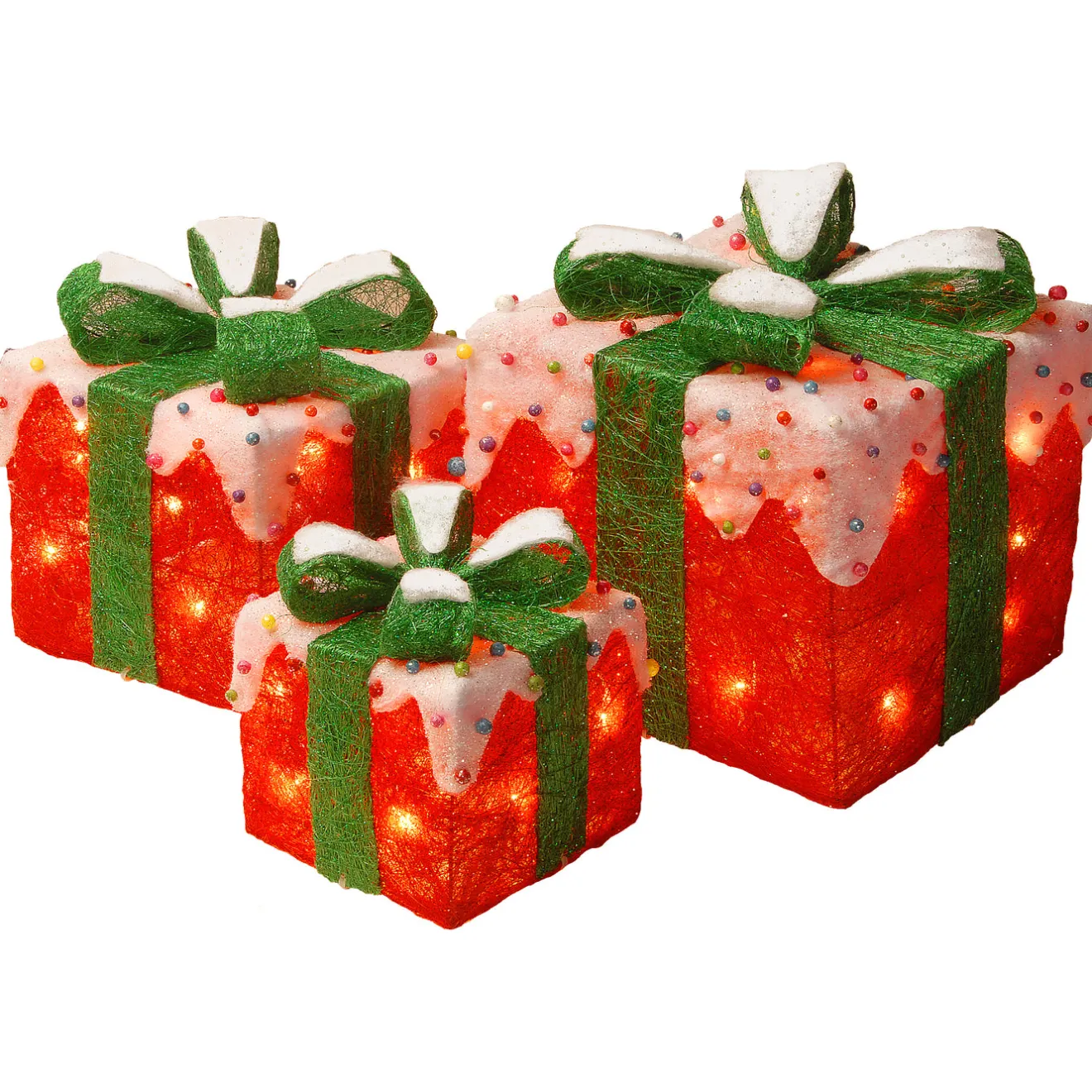 Best Pre-Lit Red and White Gift Boxes, Set of Three, White Lights Yard Decorations