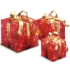 Hot Pre-Lit Red Gift Box with Gold Bow, Set of Three, White Lights Decorative Accents