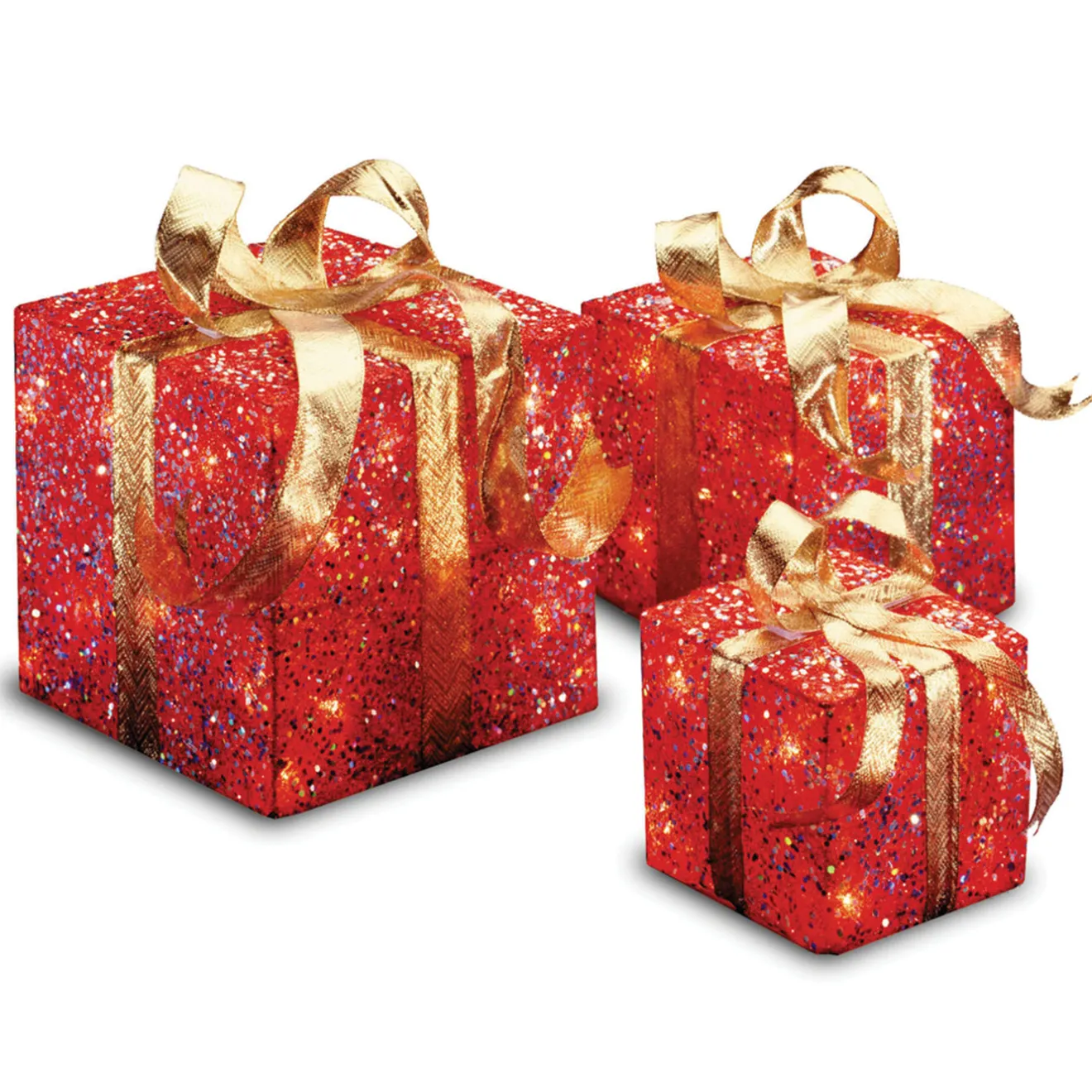 Hot Pre-Lit Red Gift Box with Gold Bow, Set of Three, White Lights Decorative Accents