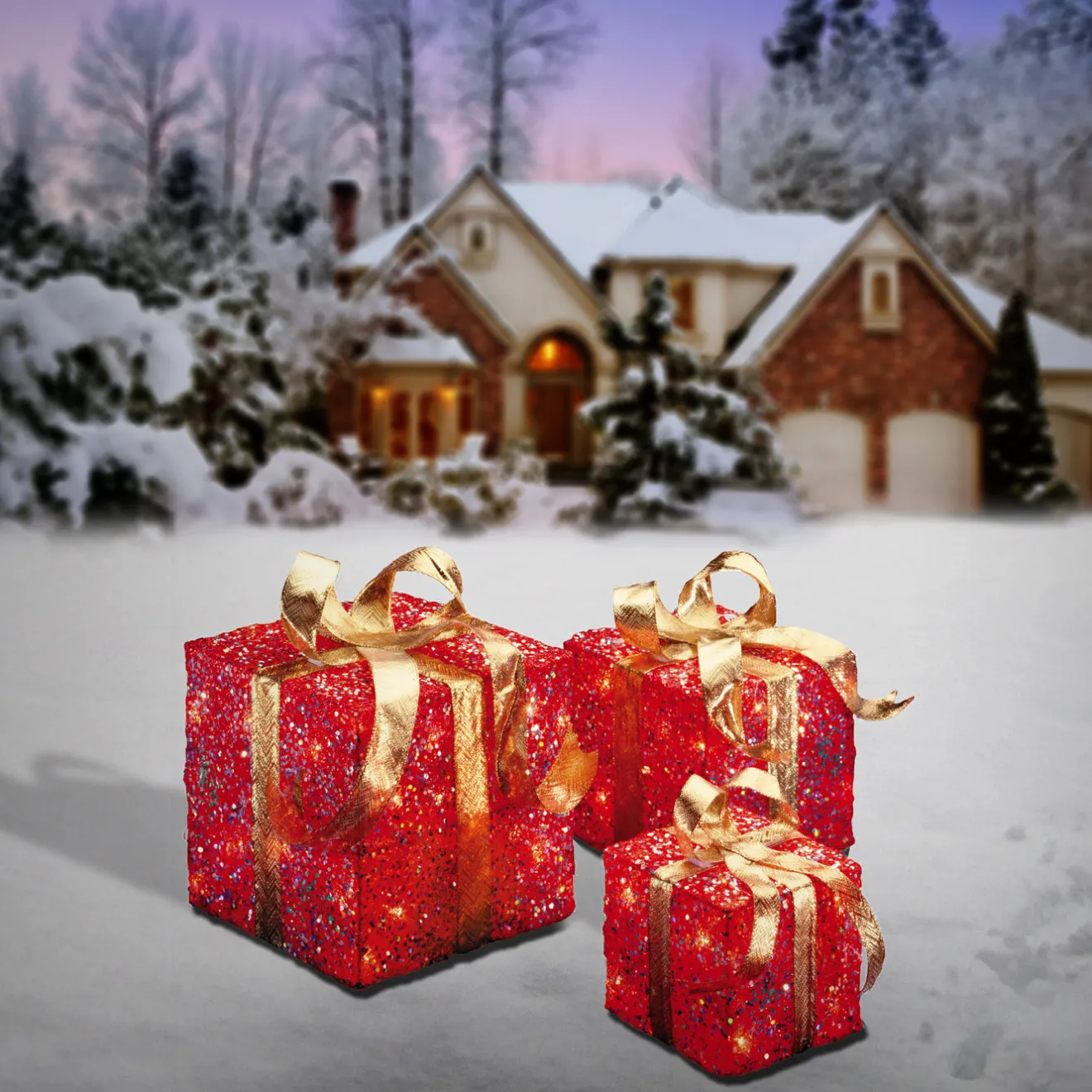 Hot Pre-Lit Red Gift Box with Gold Bow, Set of Three, White Lights Decorative Accents