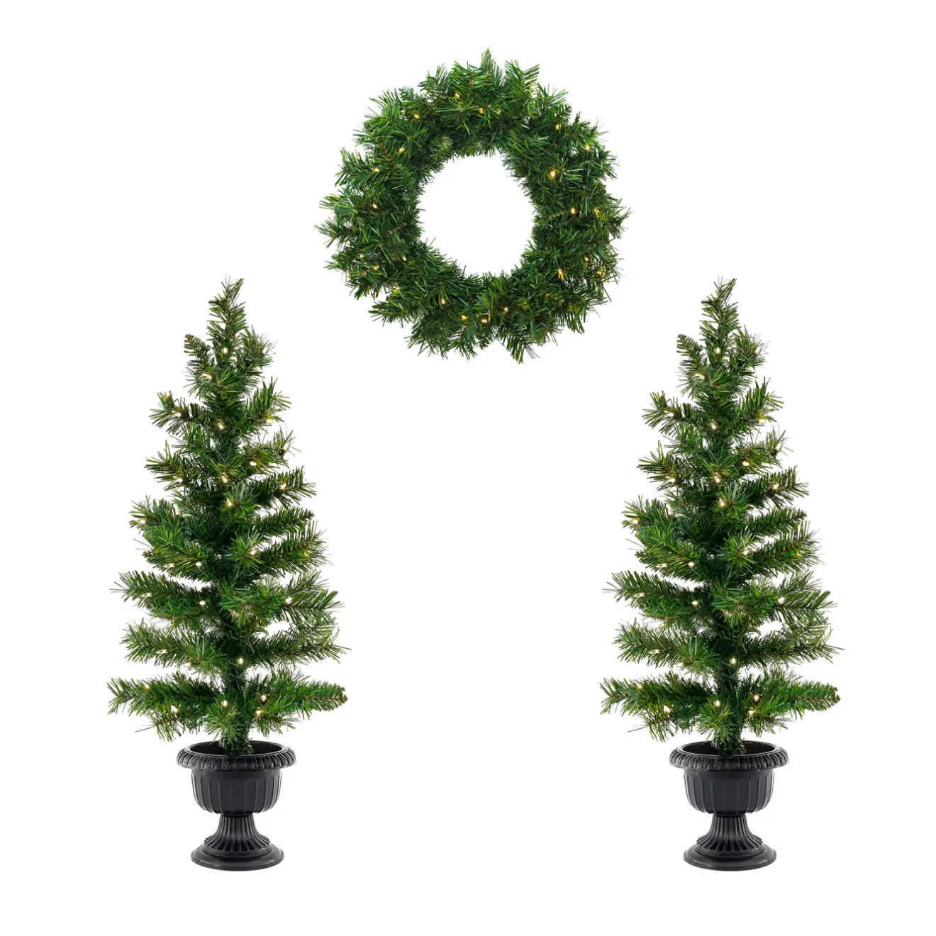 Online Pre-Lit Warm Welcome Assortment Set of 2 Entrance Trees, 1 Wreath Assortment Bundles