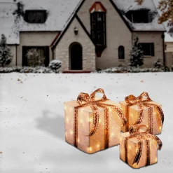 Best Pre-Lit White and Gold Gift Boxes, Set of Three, White Lights Decorative Accents