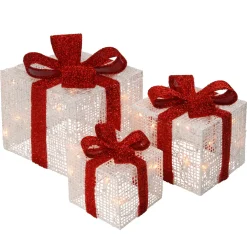 Sale Pre-Lit White Gift Boxes, Set of Three, White Lights Yard Decorations