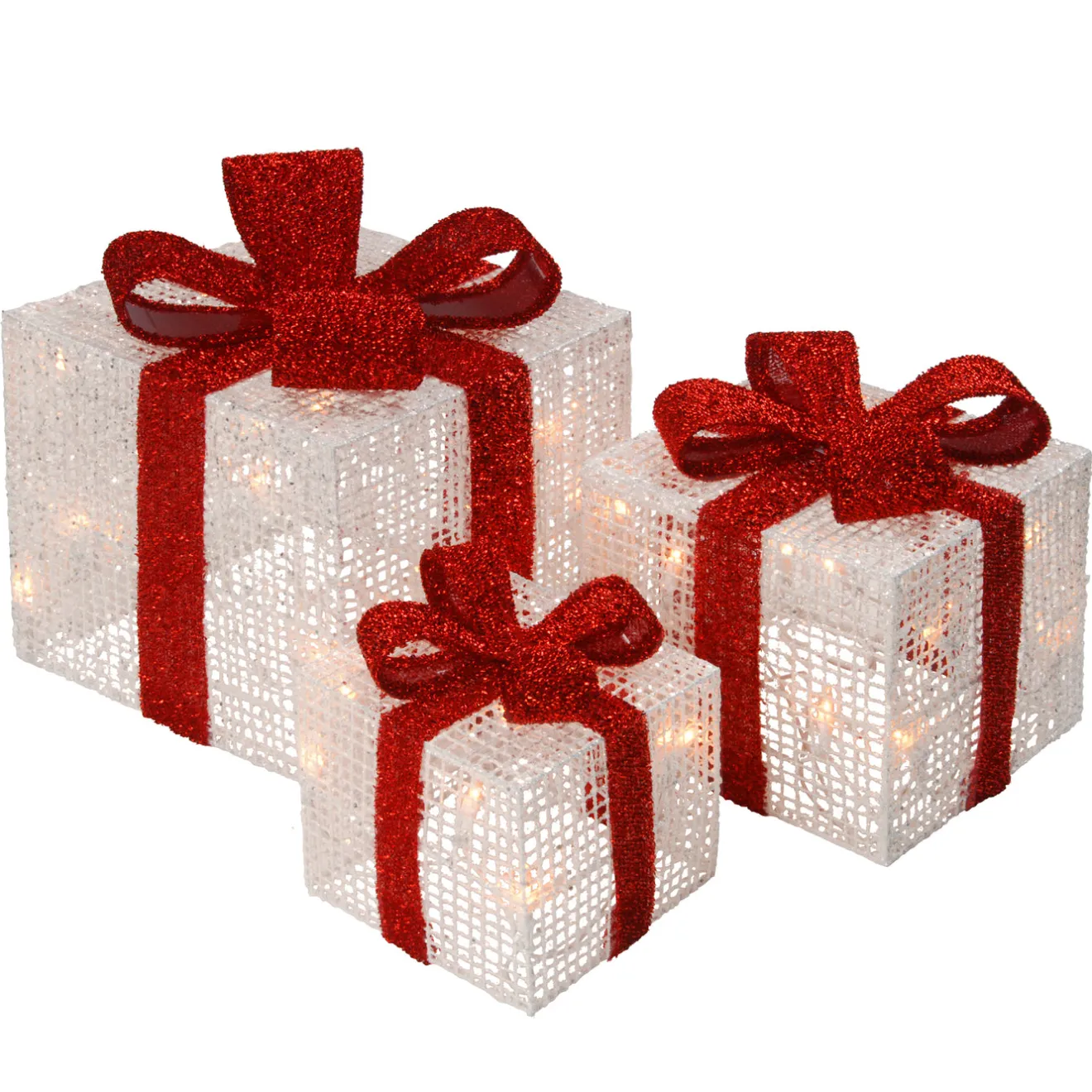 Sale Pre-Lit White Gift Boxes, Set of Three, White Lights Yard Decorations